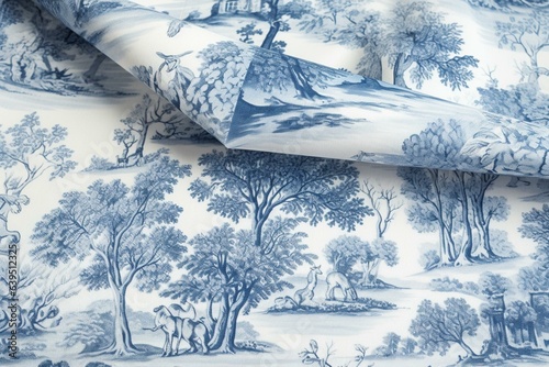 Detailed blue sketched forest toile on white background for large prints. Generative AI