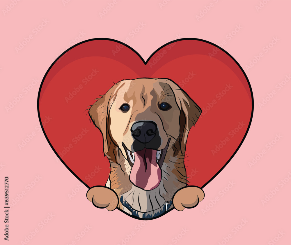 Golden retriever dog smiling face. Golden Retriever Peeking dog. Happy Face Puppy, Pet detailed artwork, Labrador, Lab icon. Dog with paws in a heart. Loving character, Saint Valentine's day card.
