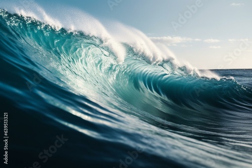A high-angle view of an ocean wave with a blue water background. Generative AI