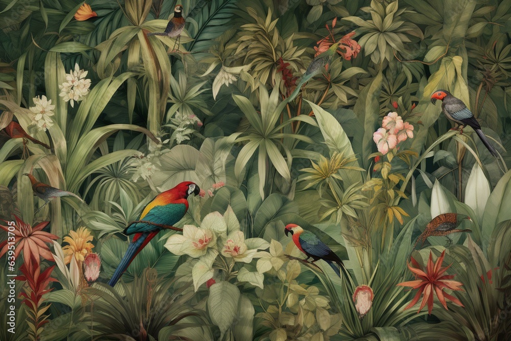 custom made wallpaper toronto digitalClassic jungle wallpaper featuring banana palms, lush foliage, colorful tropical birds. Generative AI