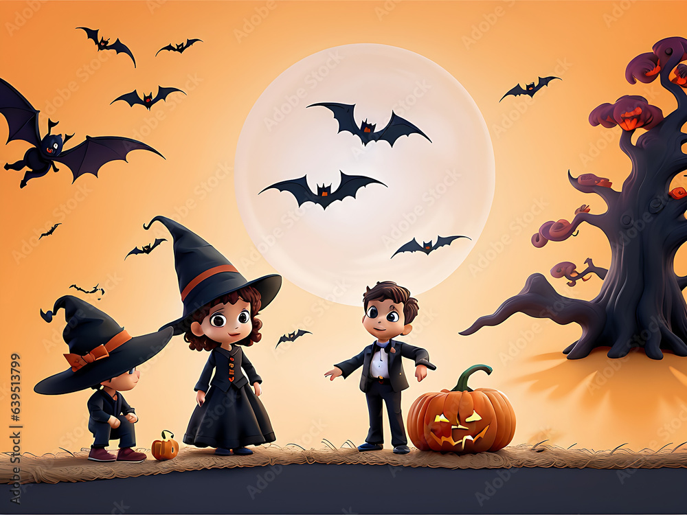 Illustration of halloween background with silhouettes of children trick in halloween costume. ai generated