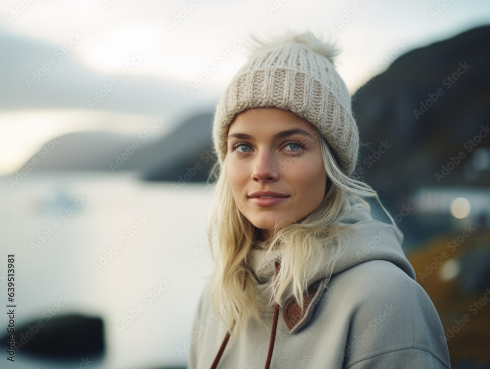 Portrait of a Fictional Traditional Scandinavian Woman in the Fjord. Generative AI. Portrait of a Fictional Traditional Scandinavian Woman in the Fjord. Generative AI.
