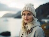 Portrait of a Fictional Traditional Scandinavian Woman in the Fjord. Generative AI.