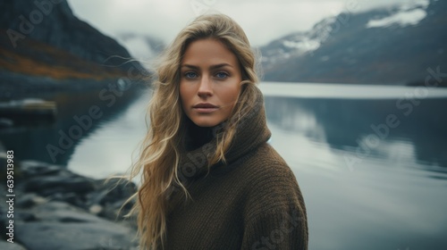 Portrait of a Fictional Traditional Scandinavian Woman in the Fjord. Generative AI.
