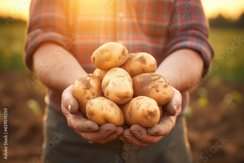 Farmer is holding potatoes in his hands  close up