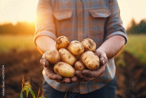 Farmer is holding potatoes in his hands, close up
