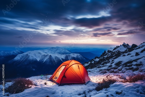 Tent in snowy mountains during winter camping. Generative AI
