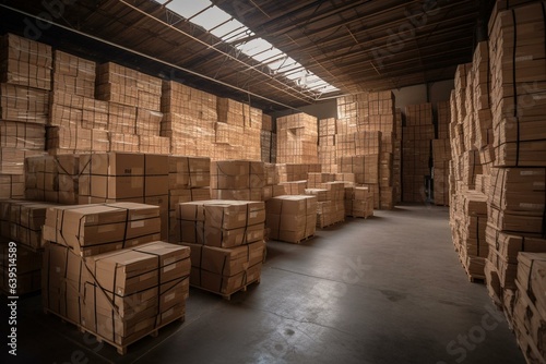 facility filled with stacked cardboard boxes. Generative AI