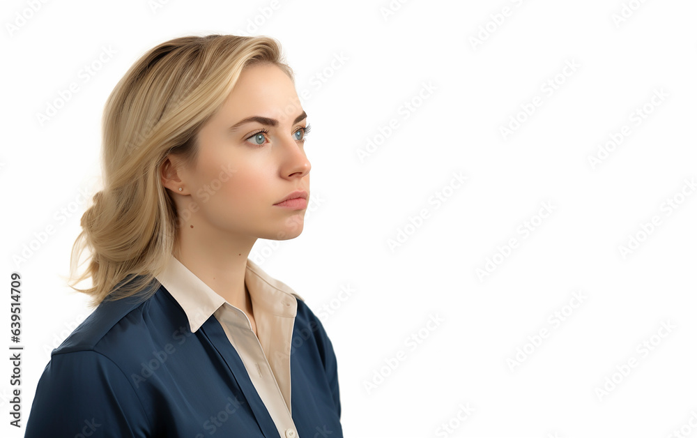 young pretty fair hair professional woman looking into space with a serious pensive expression, copy space, Created using generative AI tools. young pretty fair hair professional woman looking into space with a serious pensive expression, copy space, Created using generative AI tools.