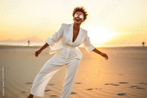 Confused Sad Indignant African Woman Wear Elegant White Suit Sunglasses Happy Dancing On A White Sand Beach At Sunset . Сoncept African Woman Empowerment, Sad To Happy Transformations photo