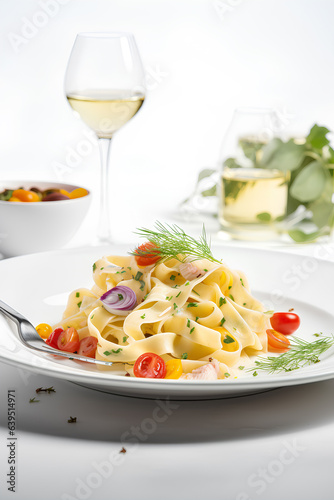 Homemade tagliatelle pasta on a plate on white background. Italian food.