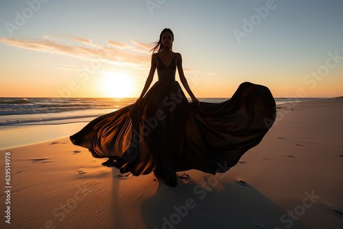 Fashion Portrait African Woman Wear Black Long Dress Happy Dancing On A White Sand Beach At Sunset .   oncept Fashion  African Women  Black Long Dresses  Beach Sunsets