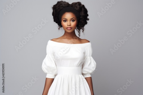 Fashion Portrait African Woman Wear White Festive Dress Thinking About Question On White Background. Сoncept Fashion, African Woman Wear White, Festive Dress, Question On White Background