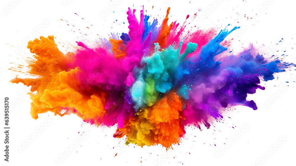 Multicolored explosion of rainbow holi powder paint isolated on white background.  - obrazy, fototapety, plakaty 