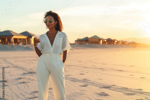 Happiness African Woman Wear Elegant White Suit Sunglasses Eats A Icecream On A White Sand Beach At Sunset .   oncept African Womens Happiness  White Suits As Elegance  Sunglasses And Fashion
