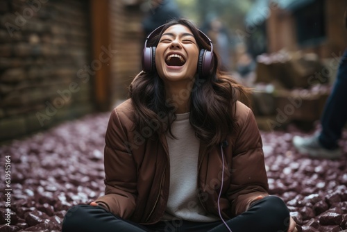 Happiness Asian Woman Wear Knitted Sweater Headphones Eats A Chocolate Bar On Background On A Cobbled Path In Oye . Сoncept Happiness Of Asian Women, Style Of Knitted Sweater And Headphones © Ян Заболотний