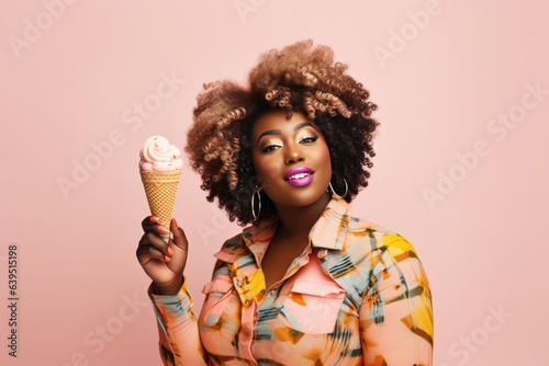 Overweight African Woman Wear Dotted Dress Eats A Icecream On Pastel Background. Сoncept Overweight African Womens Fashion, Eating Ice Cream, Pastel Backdrops, Dotted Prints photo