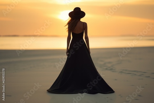 Surprise Woman Wear Black Long Dress Walking On A White Sand Beach At Sunset . Сoncept Surprising Womens Fashion, Black Dresses, White Sand Beaches, Sunsets
