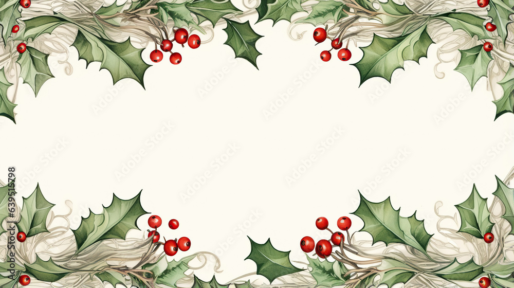 Illustation of holly leaves and berries in a Christmas frame