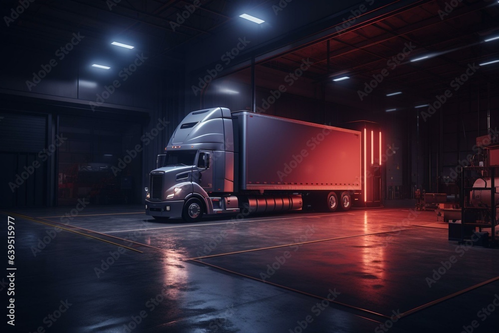 A semi truck parked inside a well-lit warehouse, featuring cinematic lighting and an open door with minimalistic ambient occlusion. Generative AI