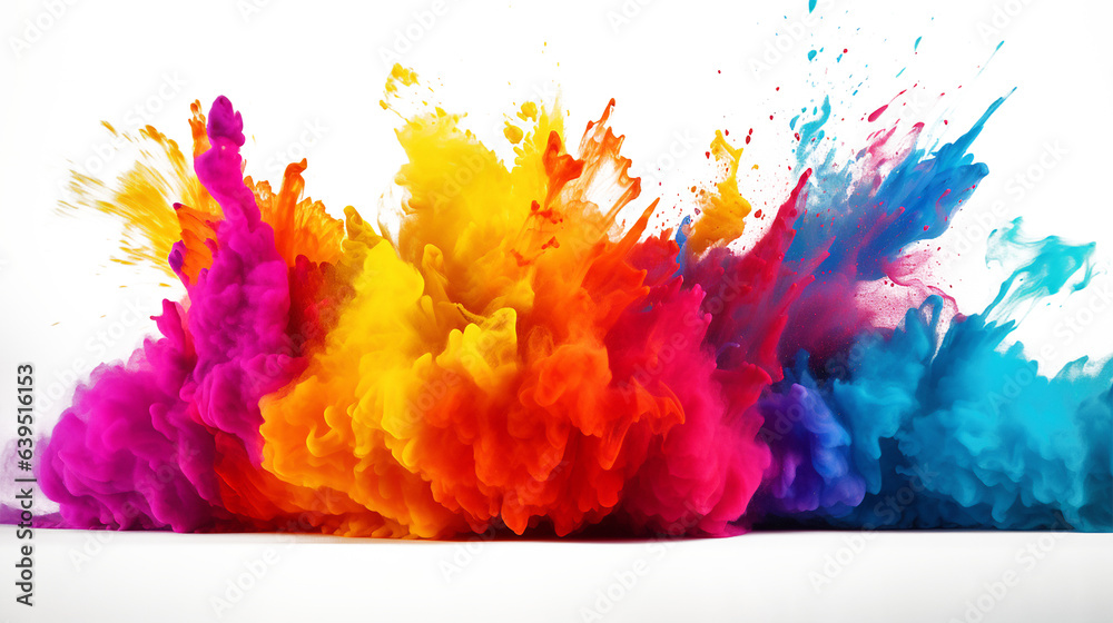 Multicolored explosion of rainbow holi powder paint isolated on white background. Multicolored explosion of rainbow holi powder paint isolated on white background.