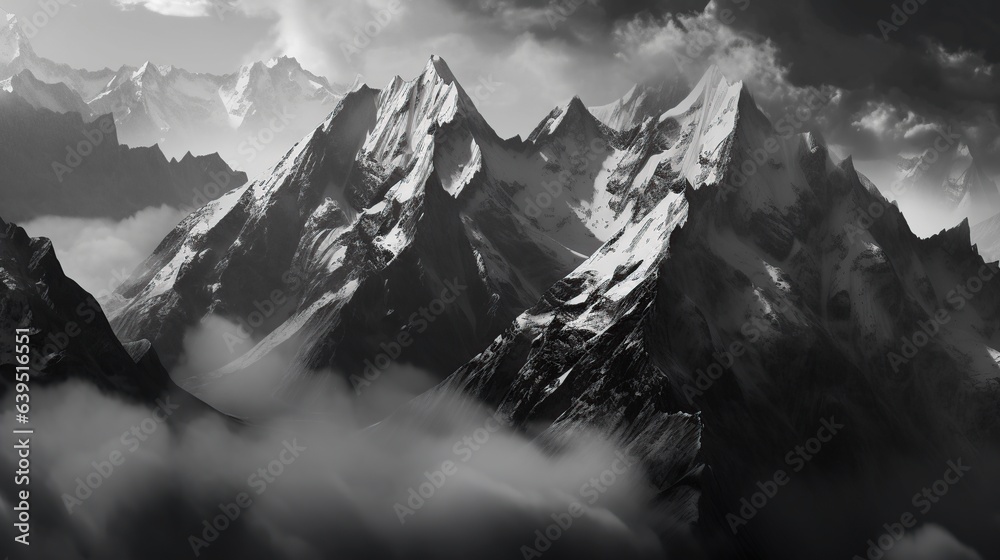 Mountain landscape with clouds and fog in the sky.