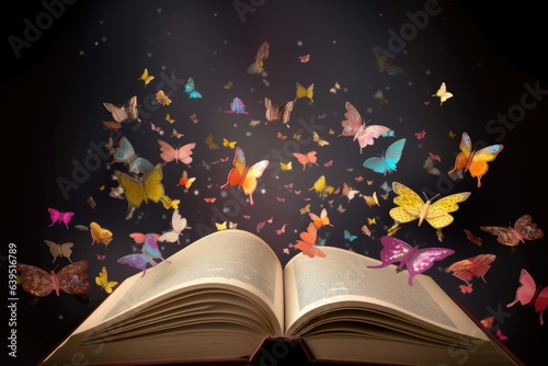 Open book with butterflies. Open pages old magic book with colorful butterflies on white background. Fairytale, education, storytelling, fantasy and literature concept © irissca