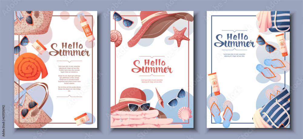 Obraz premium Flyer set with beach accessories.. Poster with wicker bag, hat, glasses and cream. Summer vacation, beach vibe, relaxation. Banner, poster, A4 postcard for advertising.