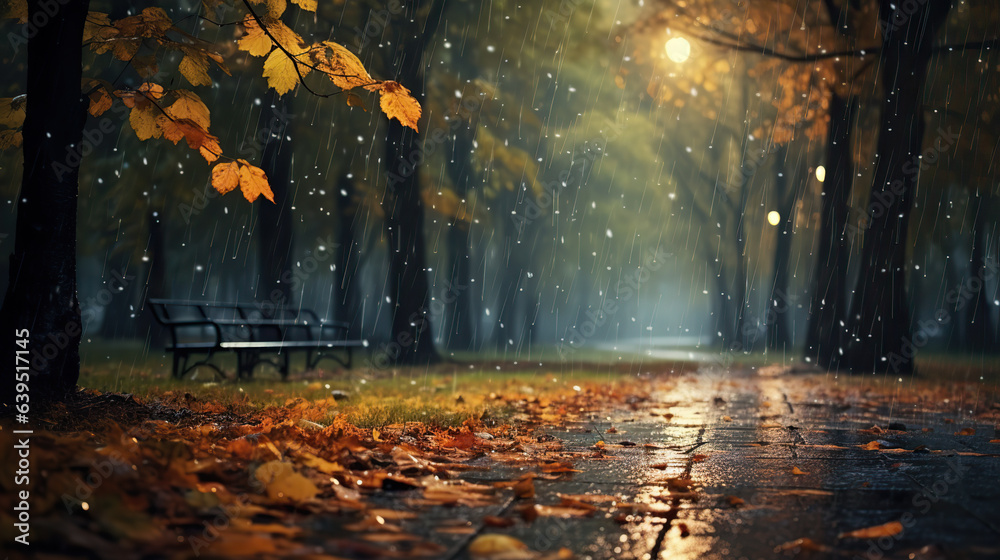 landscape autumn rain drops splashes in the forest background, october weather landscape beautiful park. - obrazy, fototapety, plakaty 