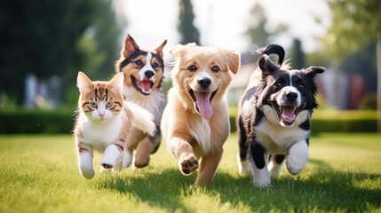 Cute funny dog and cat group jumps and running and happily a field blurred background