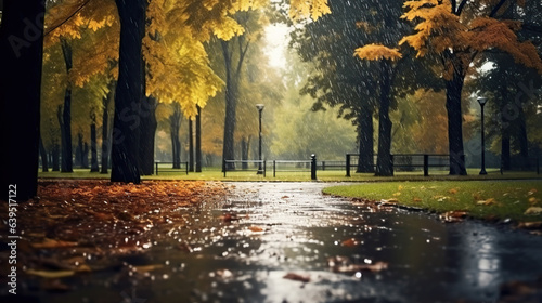 landscape autumn rain drops splashes in the forest background, october weather landscape beautiful park. photo