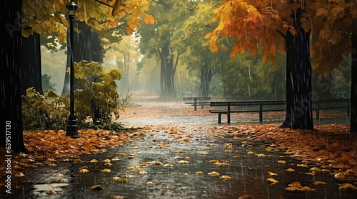 landscape autumn rain drops splashes in the forest background, october weather landscape beautiful park. photo