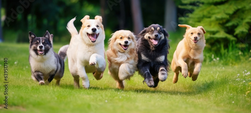 Cute funny dogs group jumps and running and happily a field blurred background