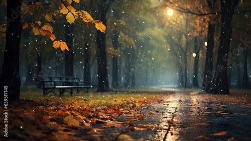 landscape autumn rain drops splashes in the forest background, october weather landscape beautiful park. © Ziyan Yang