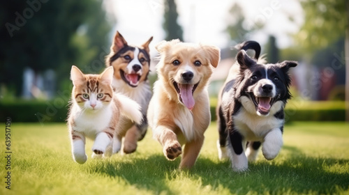 Photo Cute funny dog and cat group jumps and running and happily a field blurred backg