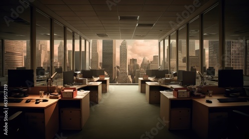 Modern office interior, panoramic window view © ismodin