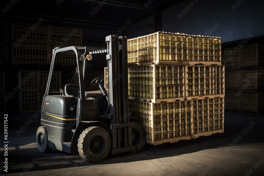 A forklift transporting crates loaded with wine bottles. Generative AI