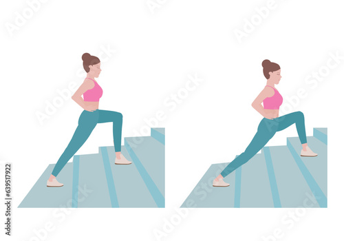 Stair workout: Exercises you can do at every staircase you find.
With Stair Lunge posture. what to do Climb up a flight of steps, taking two steps with each lunge. vector illustration in cartoon style