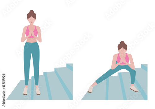 Stair workout: Exercises you can do at every staircase you find.
Benefits, doing side Lunges is  strengthening the inner thigh and glute. Isolated vector illustration in cartoon style. 