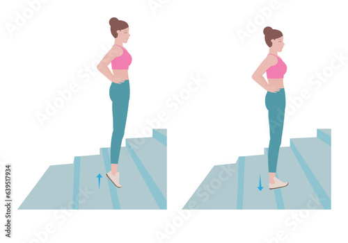 Stair workout: Exercises you can do at every staircase you find.
Stand on a step so your heel can drop lower than the rest of your foot at the bottom of the movement. with Calf raises posture. vector 