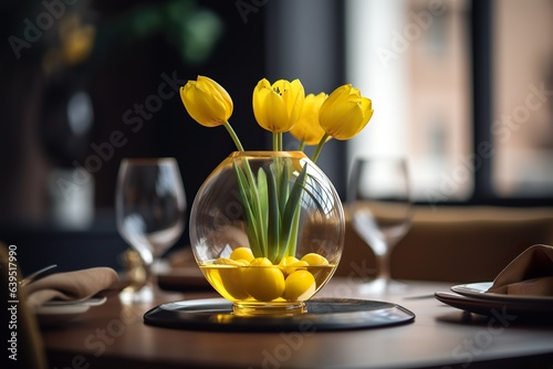 A bouquet of yellow tulips in a vase on a wooden table interior decoration #639517990