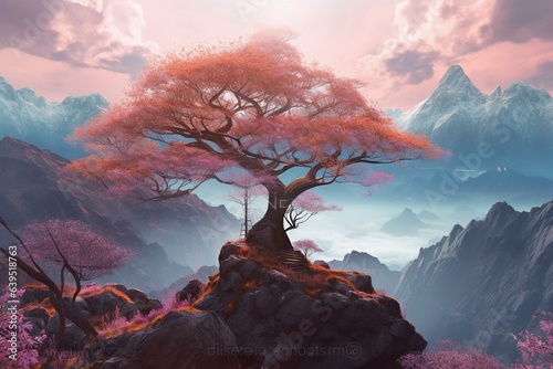 High-resolution digital artwork featuring a futuristic cherry blossom tree overlooking mountains. Generative AI
