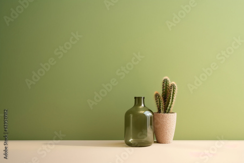 Minimalistic still life with green glass vase and mini cactus plants