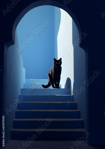 cat on stairsin Grecee. Black Cat on Stairway to Sky: A Portal Between Worlds photo