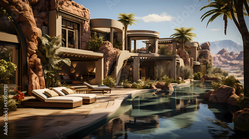 The villa is nestled in a desert landscape offering modern comfort and Arabic aesthetics