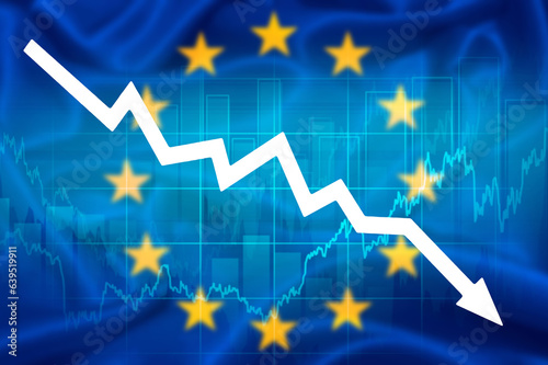 declining economic performance of euro area. declining graph and euro symbol on background of european flag. economic depression, Financial Crysis Recession Economic