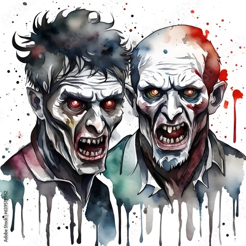 Scary zombies done in watercolor style suitable for Halloween. 