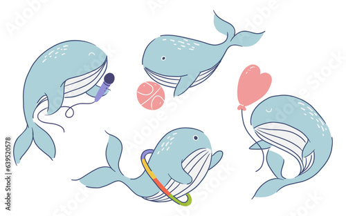 Cute whale cartoon characters . Hand drawn style . White isolate background . Vector .