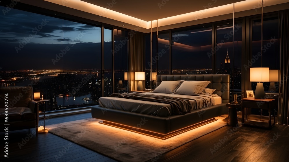 penthouse bedroom at night, dark gloomy, A room with a view of the city from the bed, generative ai - obrazy, fototapety, plakaty 