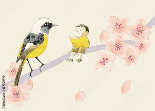 桜の花と小鳥と一緒に本を読む男の子